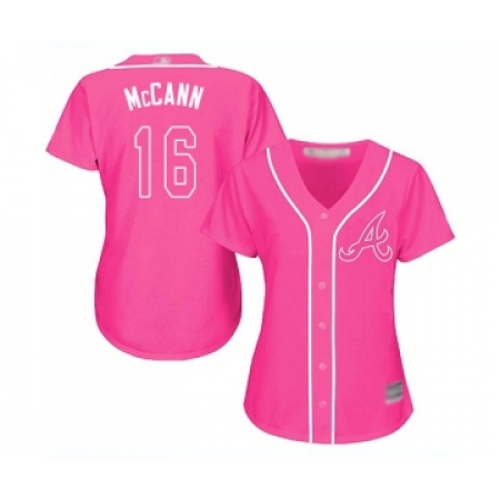 Women's Atlanta Braves #16 Brian McCann Replica Pink Fashion Cool Base Baseball Jersey