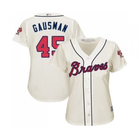 Women's Atlanta Braves #45 Kevin Gausman Replica Cream Alternate 2 Cool Base Baseball Jersey