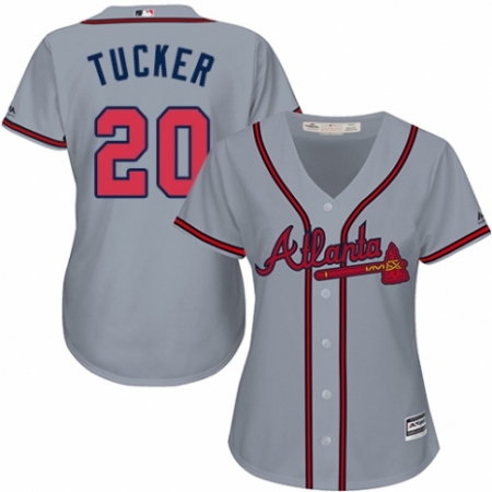 Women's Majestic Atlanta Braves #20 Preston Tucker Replica Grey Road Cool Base MLB Jersey