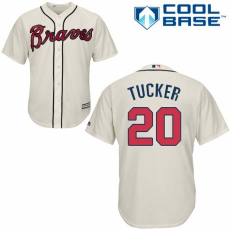Youth Majestic Atlanta Braves #20 Preston Tucker Replica Cream Alternate 2 Cool Base MLB Jersey